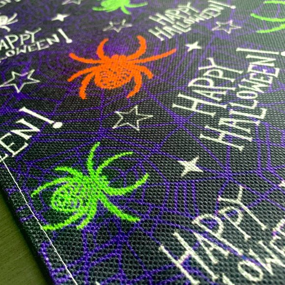 Whimsical Lime Green Orange Spiders Stars Purple Webs Halloween Table Runner New - Picture 2 of 2